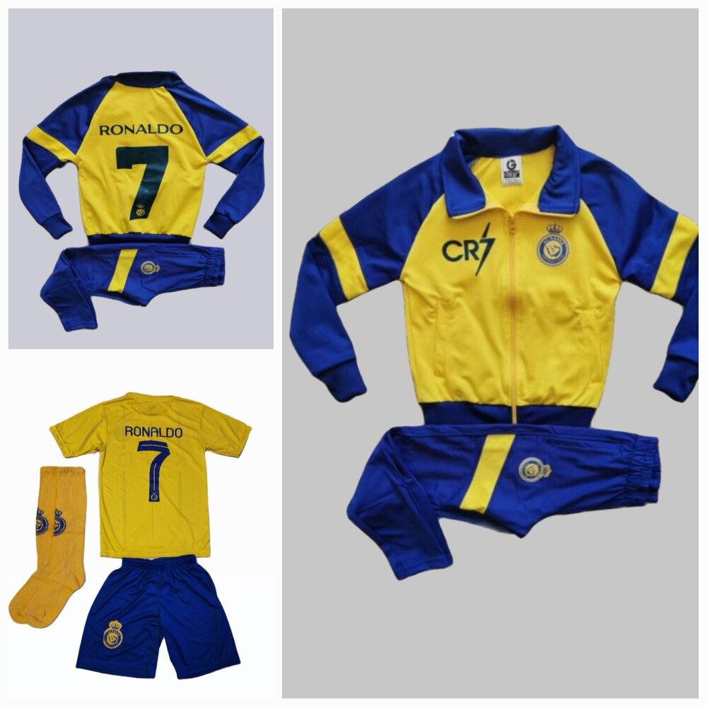 CR7 Детски футболен Екип на Роналдо, за 8г. Комплект с екип, анцуг, калци, шапка, топка на Промоция, Жълт СЕТ