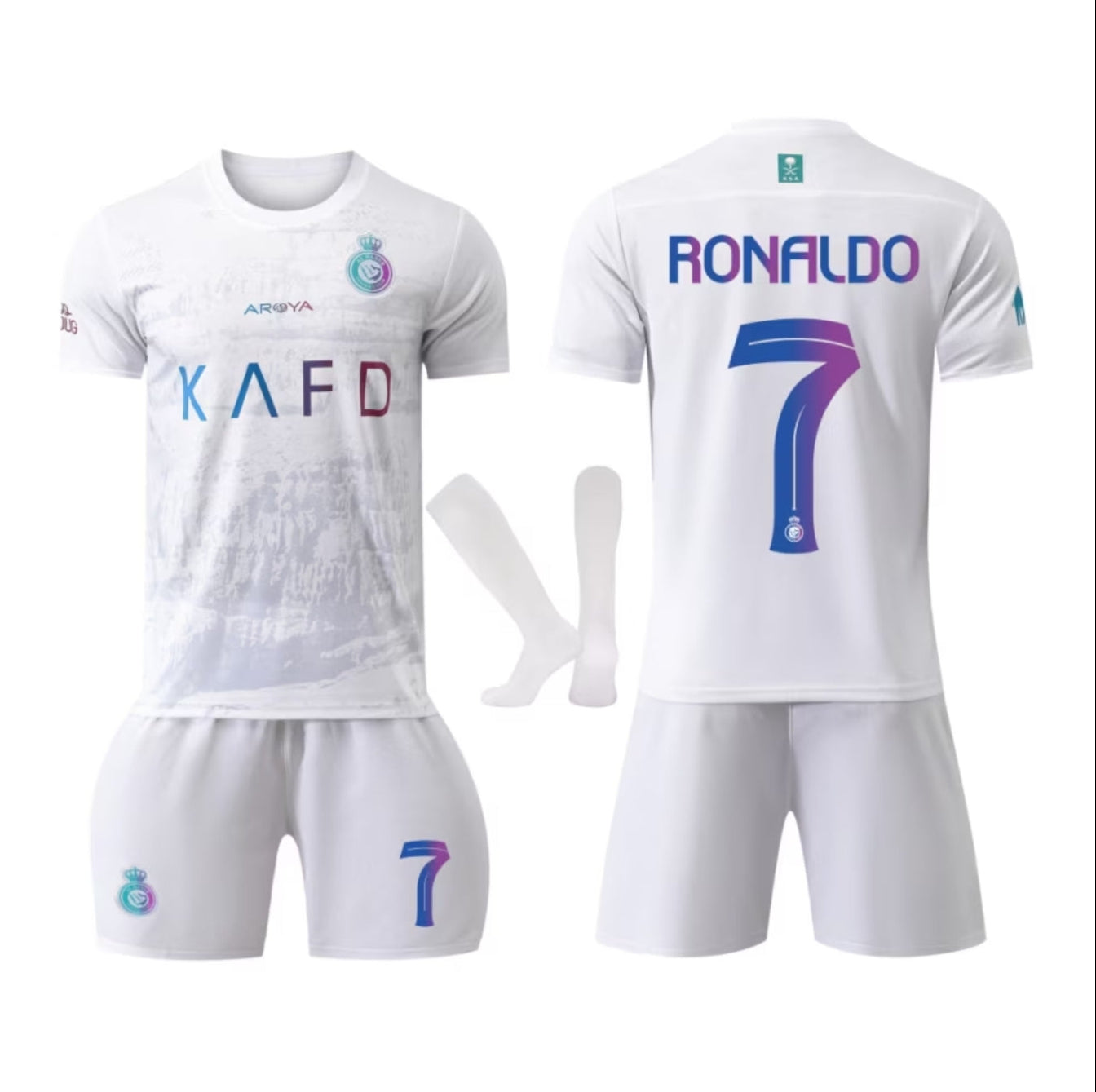 2026 Детски спортен екип на CR7 Роналдо 7, Бял футболен с чорапи RONALDO Al Nassr