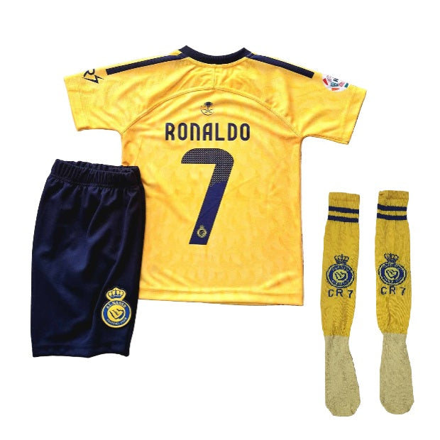 2026 НОВИЯ Детски футболен екип на Роналдо 7, жълт с чорапи RONALDO Al Nassr