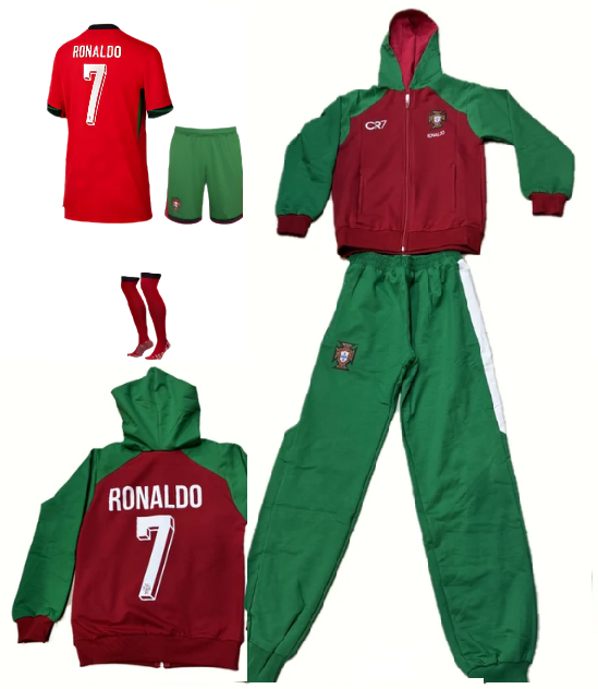 Детски футболен екип на Роналдо, Зелен, Спортен комплект с качулка Португалия