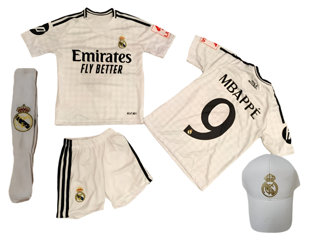 Детски футболен спортен екип с Шапка на  Реал Мадрид 9 Мбапе, футболен Бял