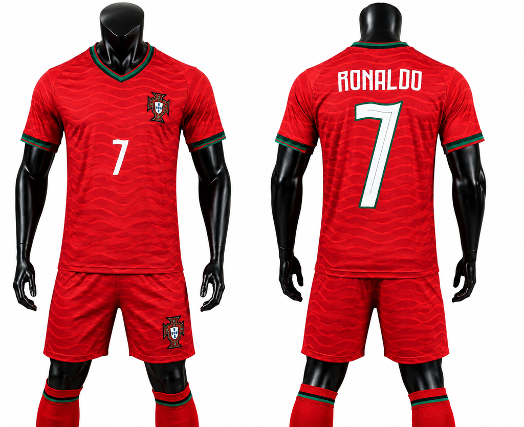 2026 Детски спортен екип на CR7 Роналдо 7, Портгуалия Червен Цвят с шорти Ronaldo
