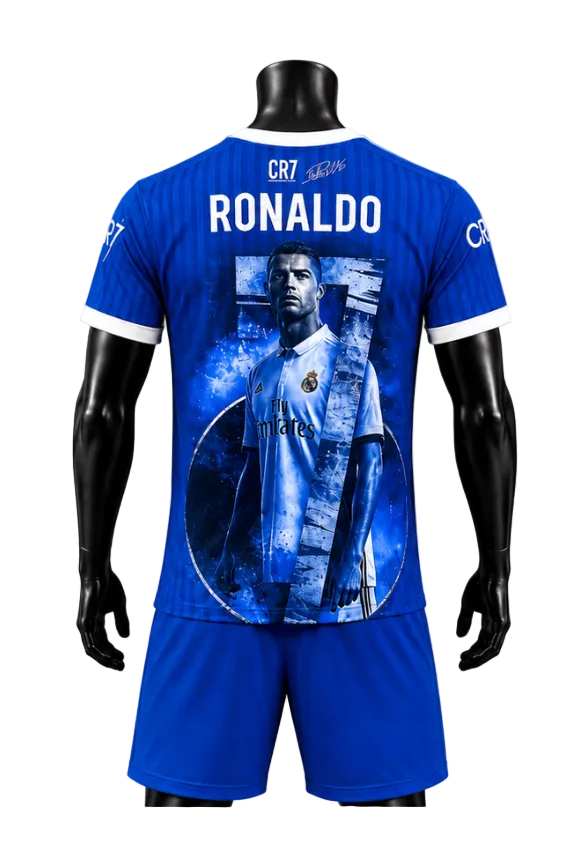 Детски Футболен спортен екип с Калци на Роналдо 7, RONALDO Real Madrid /AL NASSR Син цвят 2024 + Добавки