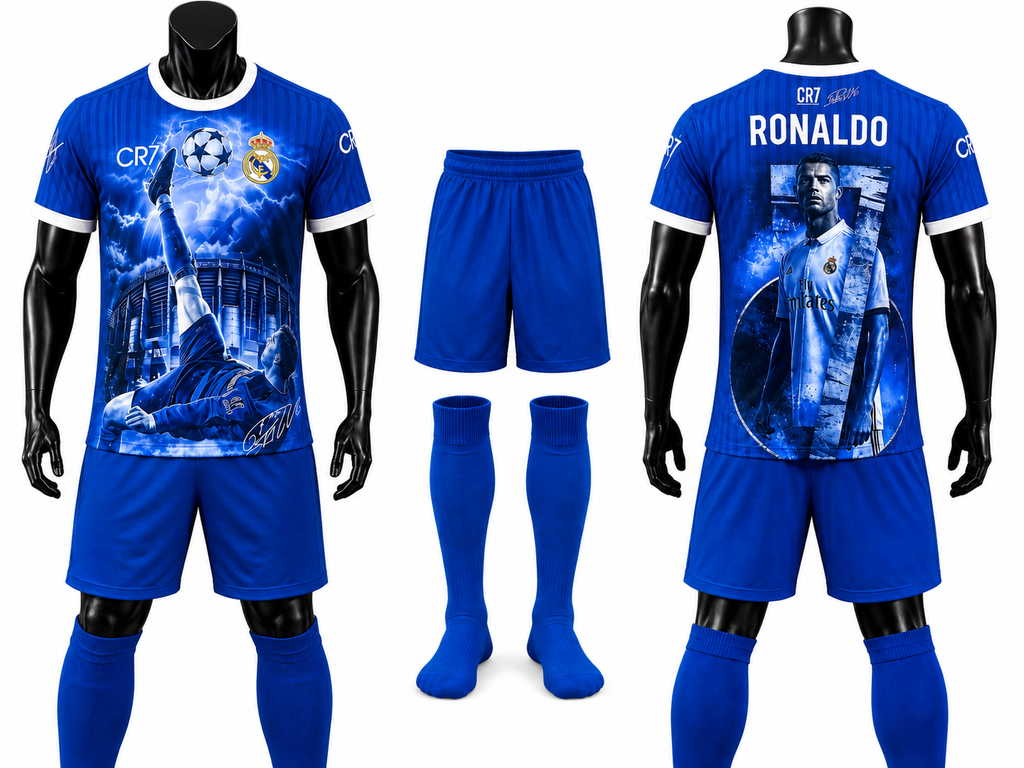 Детски Футболен спортен екип с Калци на Роналдо 7, RONALDO Real Madrid /AL NASSR Син цвят 2024 + Добавки
