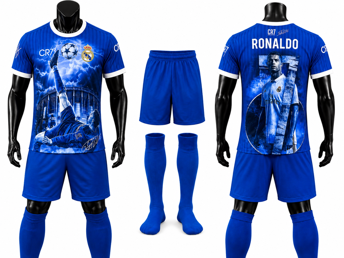 Детски Футболен спортен екип с Калци на Роналдо 7, RONALDO Real Madrid /AL NASSR Син цвят 2024 + Добавки
