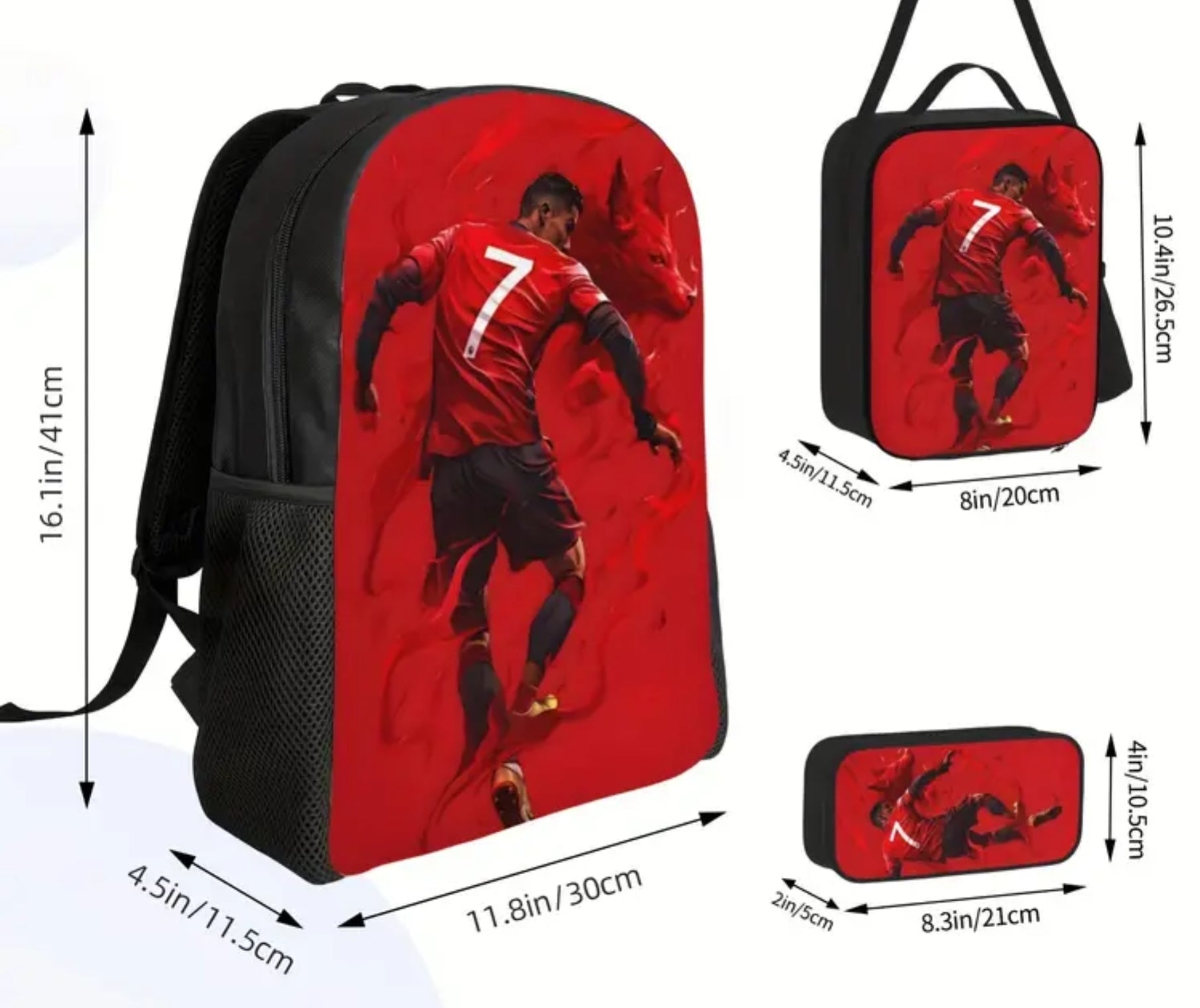 Футболна Ученическа Раница RONALDO 7 СЕТ 4 части Чантичка, Несесер Роналдо Червена