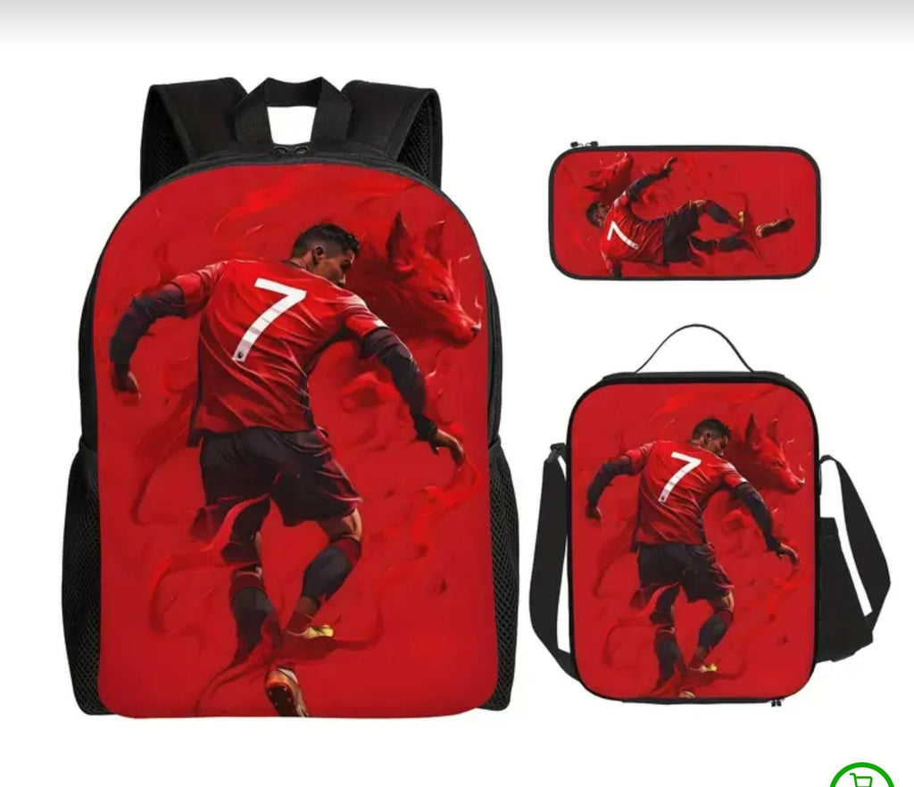 Футболна Ученическа Раница RONALDO 7 СЕТ 4 части Чантичка, Несесер Роналдо Червена